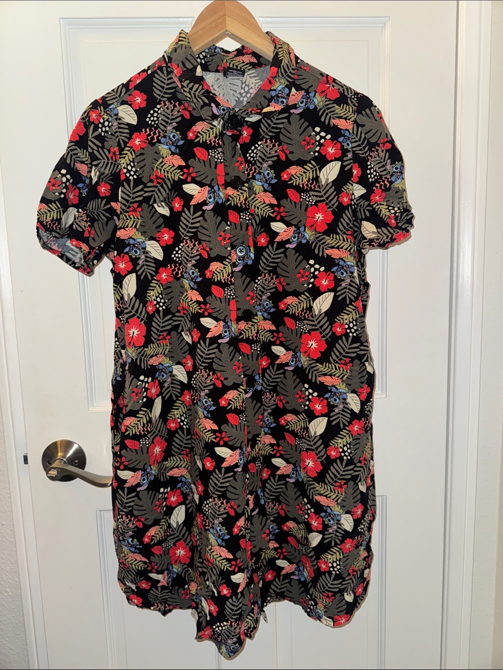 Her Universe Black Floral Stitch Midi Dress with Red and Green Accents